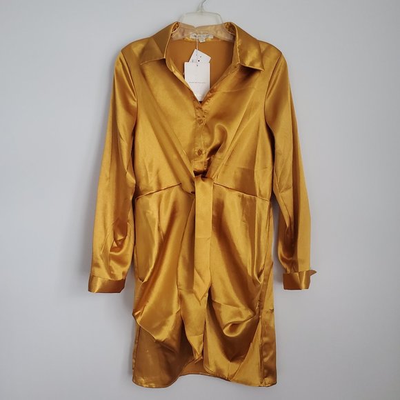 Glamourous Gold Satin Short Shirt Dress Front Tie Ruched Skirt Long Sleeve Luxe - Picture 2 of 10